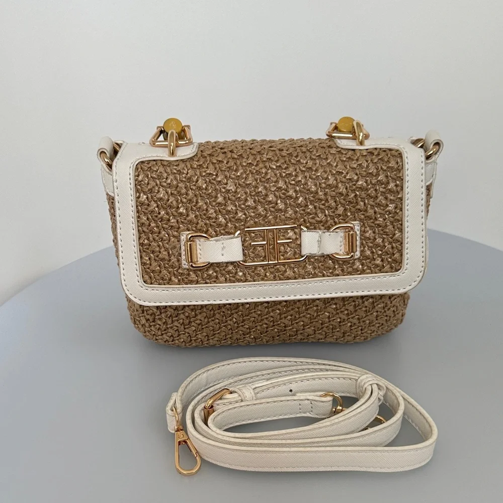 Studio F Chic Tan and White Satchel with Bamboo Handle